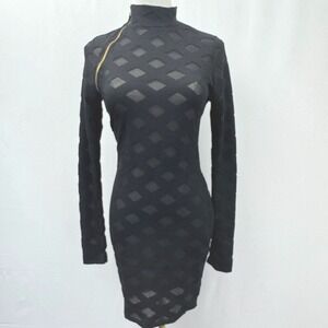 Fashion Nova Unzip Me Mini Dress Black Diamond Mesh Gold Side Zip Size M